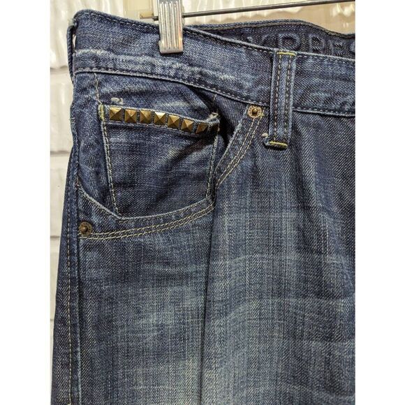 Express Men's Blue Distressed Rocco Slim-Fit Low-Rise Boot Cut Jeans Size 32 x 3 - Picture 5 of 8